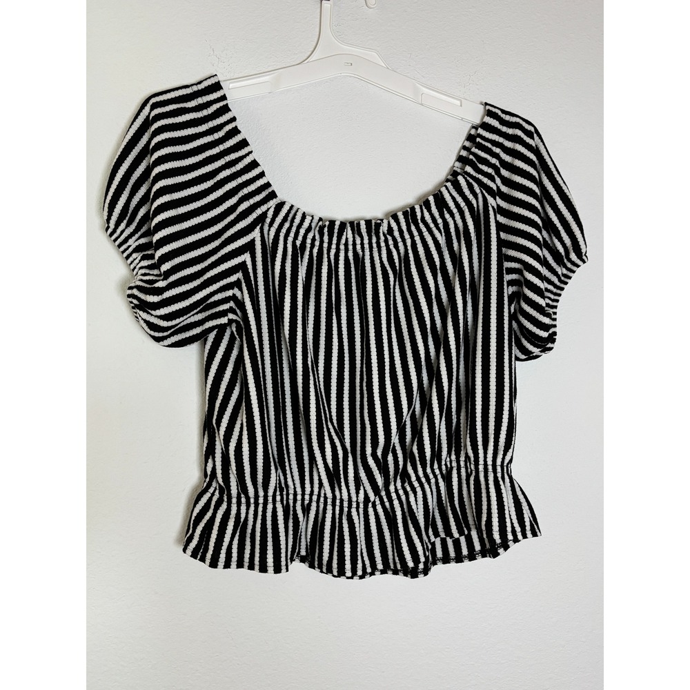 H&M Black White‎ Striped Off Shoulder Crop Top Smocked Waist Puff Sleeve Large